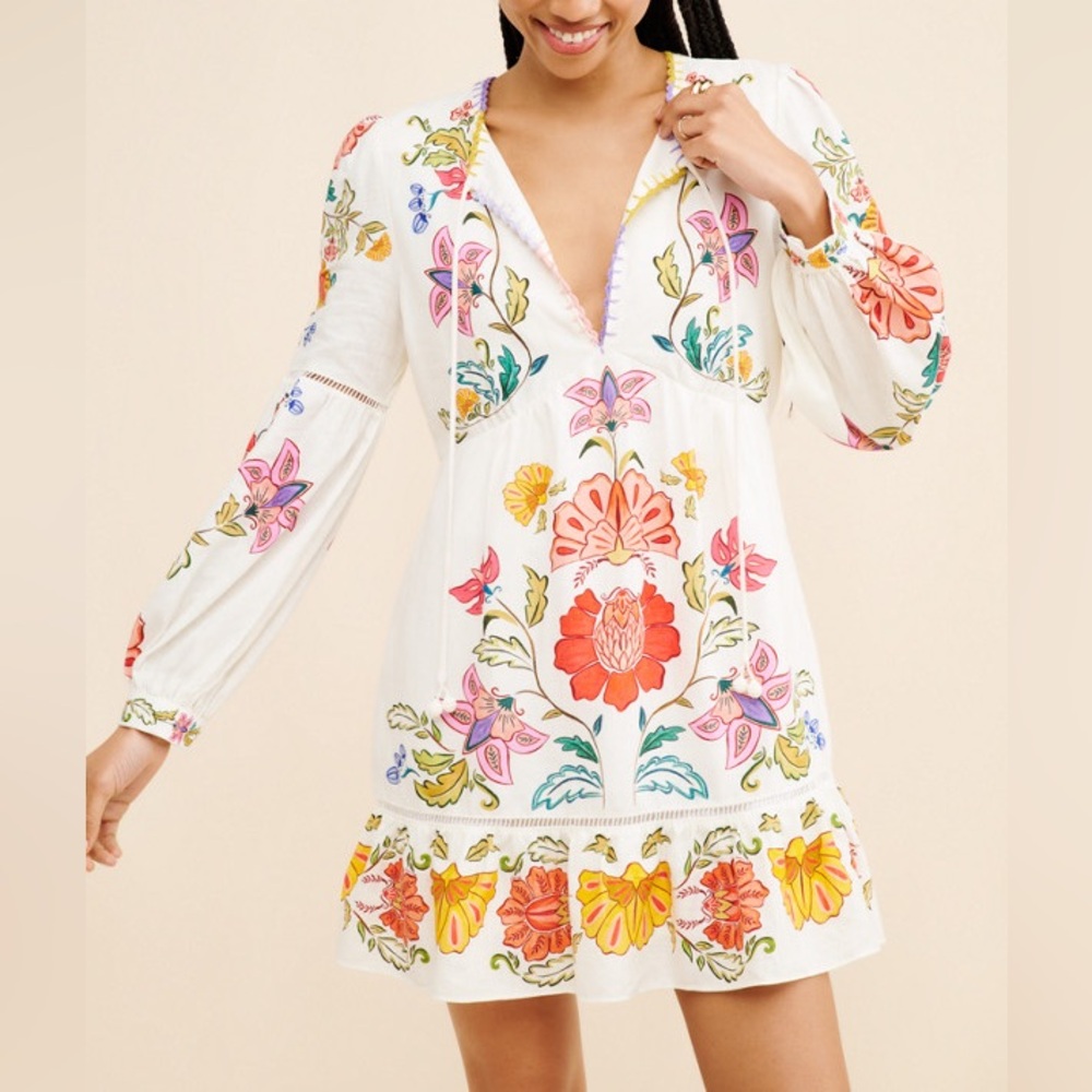 FARM Rio White Mini Dress with Multicolor Floral Embroidery